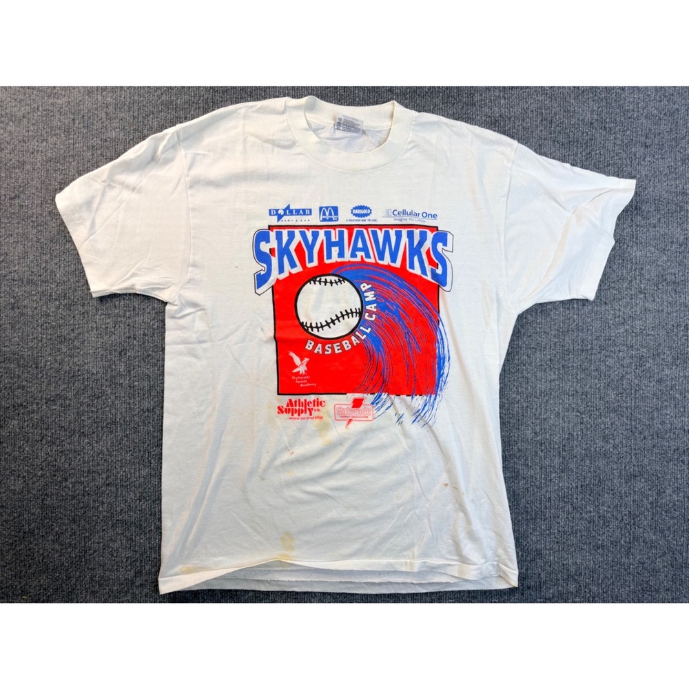 Vintage 90s Hanes Skyhawks Baseball Camp T Shirt Mens L White USA Made Stains